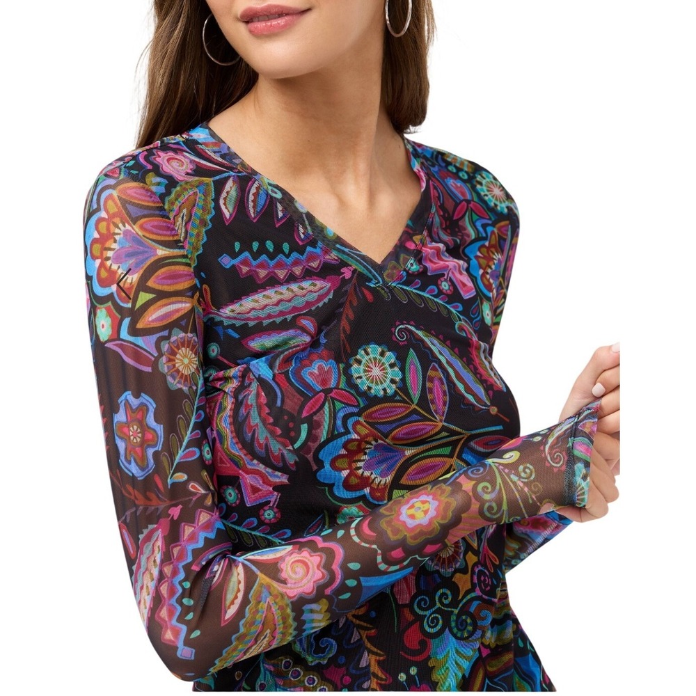 Johnny Was Silvana Multicolor V-Neck Long Sleeve Mesh Tee Floral Paisley New XL - Picture 2 of 6